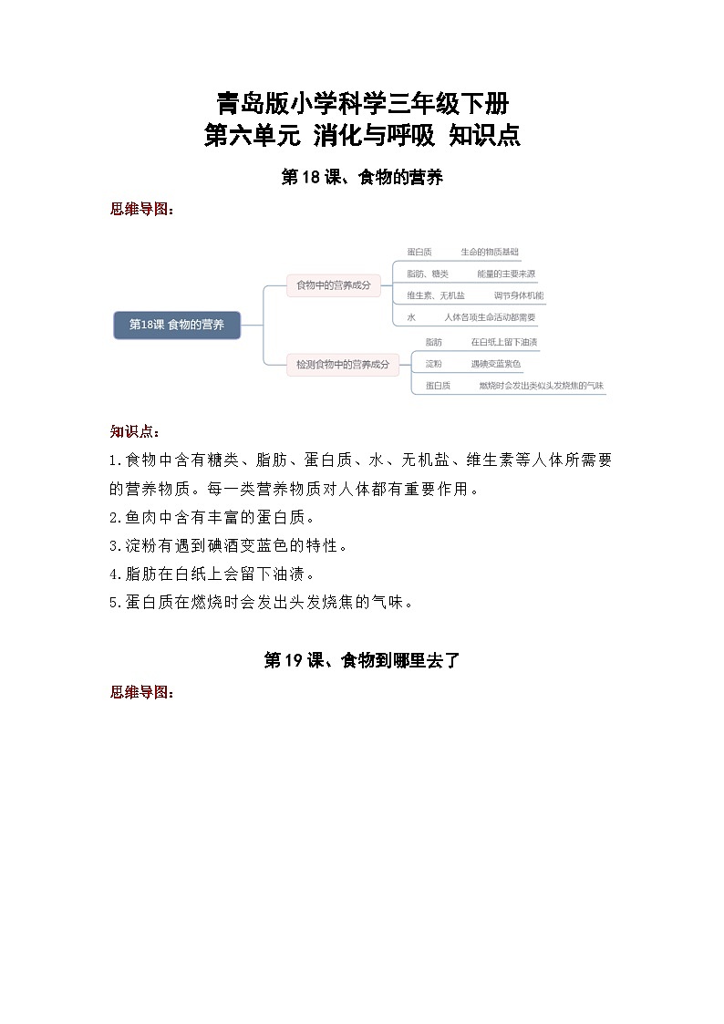 【期末复习】第六单元 消化与呼吸——三年级下册科学单元知识点总结（青岛版）01