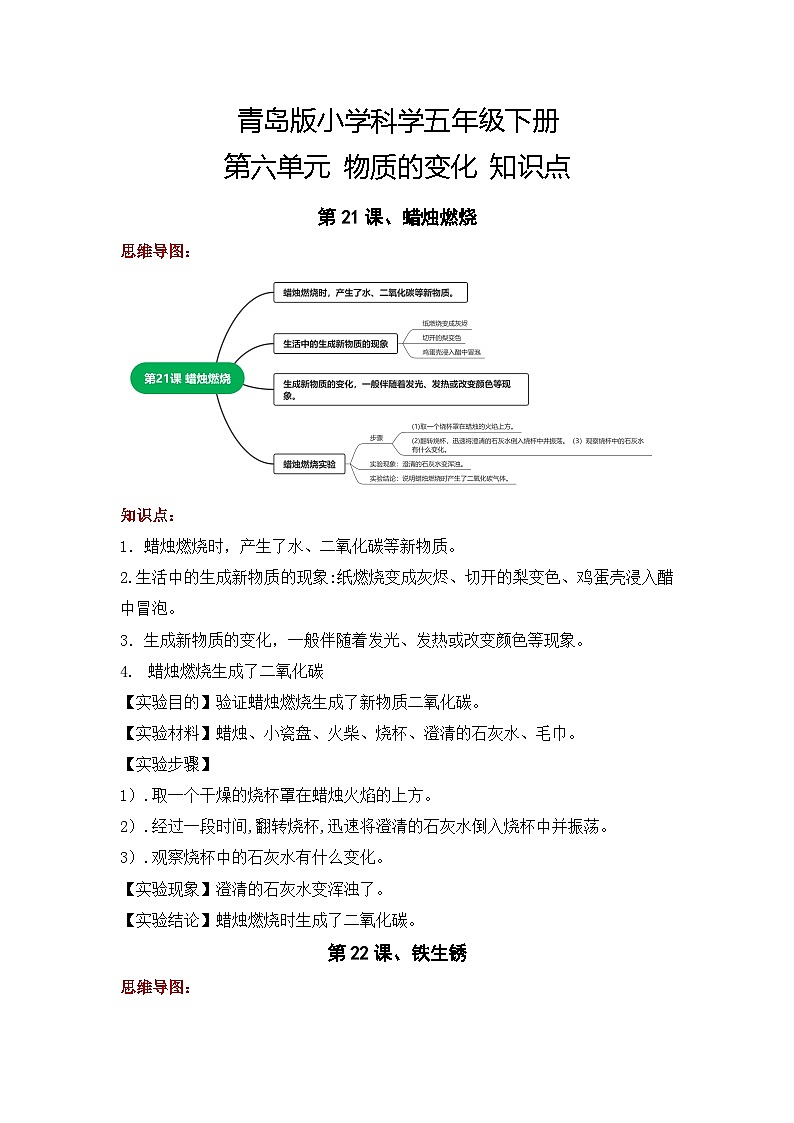 【期末复习】第六单元 物质的变化——五年级下册科学单元知识点总结（青岛版）01