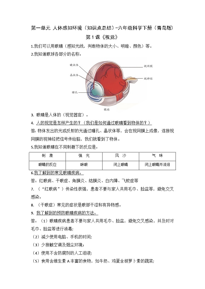 【期末复习】第一单元 人体感知环境——六年级下册科学单元知识点总结（青岛版）01