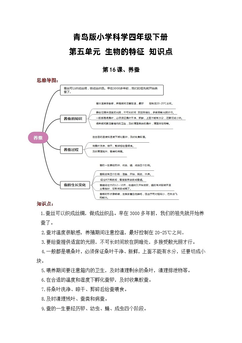 【期末复习】第五单元 生物的特征——四年级下册科学单元知识点总结（青岛版）01