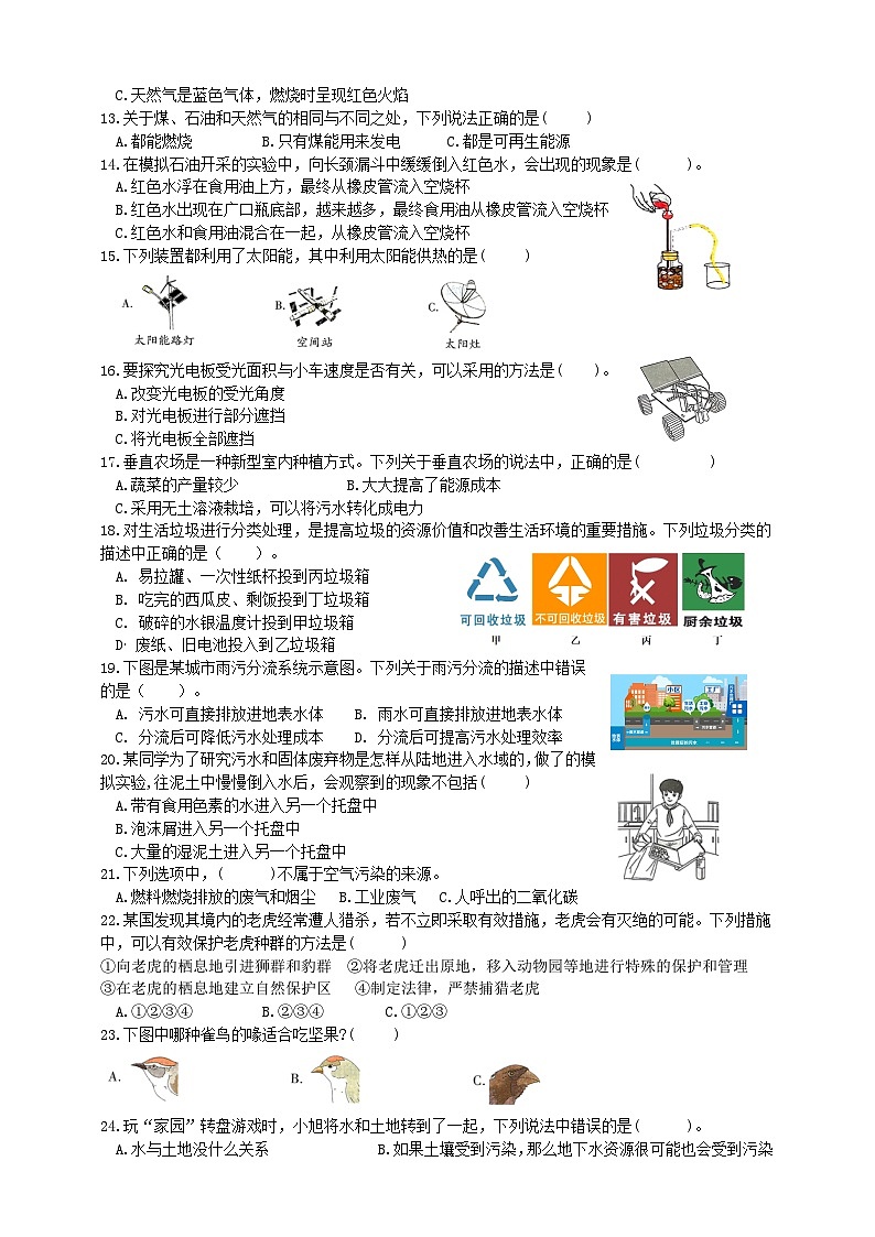 苏教版六年级下册科学期末模拟训练（含答案）02