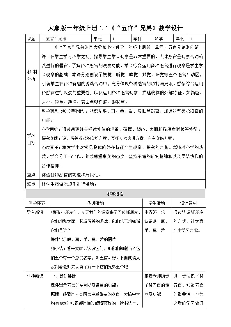 【大象版】一上科学  1.1《“五官”兄弟》课件+教案+练习01