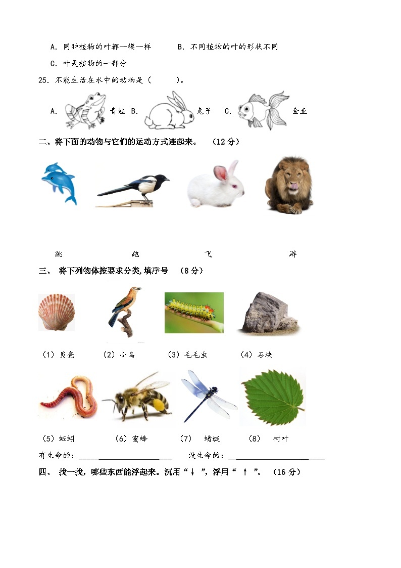 小学科学苏教版（2017）一年级下册期末模拟卷2（含答案）03