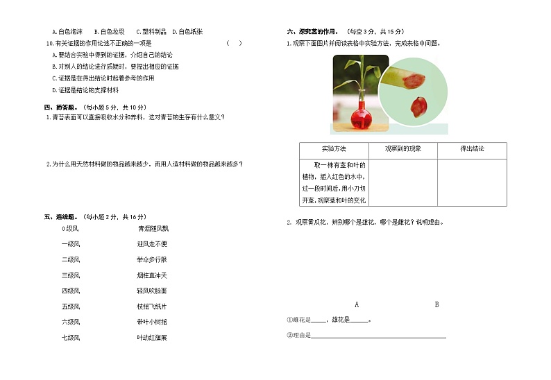 小学科学苏教版（2017）三年级下册期末模拟卷五（含答案）第2页