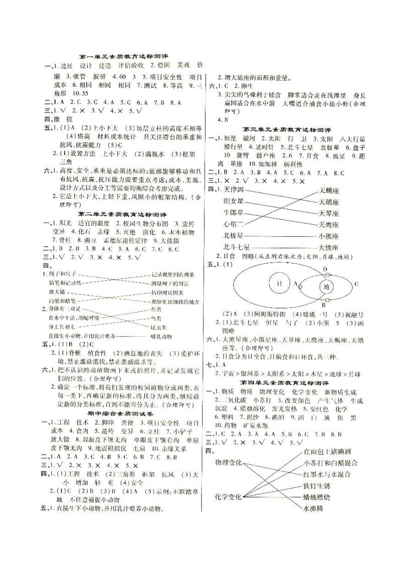 新教科版六年级下册《科学》第二单元素质教育达标测评（含答案）01