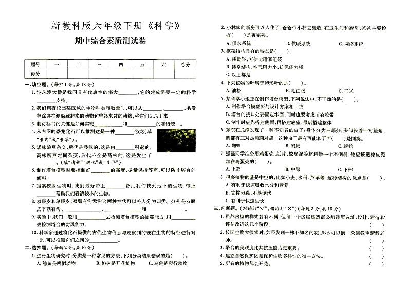 新教科版六年级下册《科学》期中综合素质教育达标测评（含答案）01