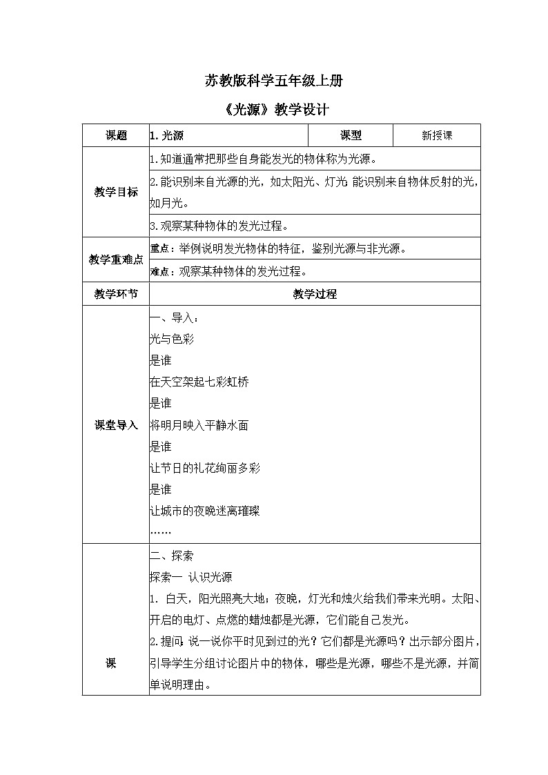 苏教版科学五年级上册1《光源》 课件+教案+练习01