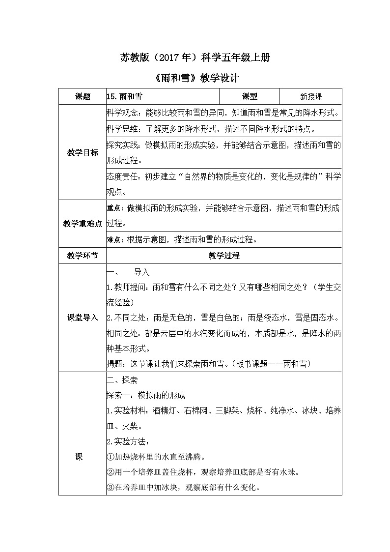 苏教版科学五年级上册15《雨和雪》教案第1页