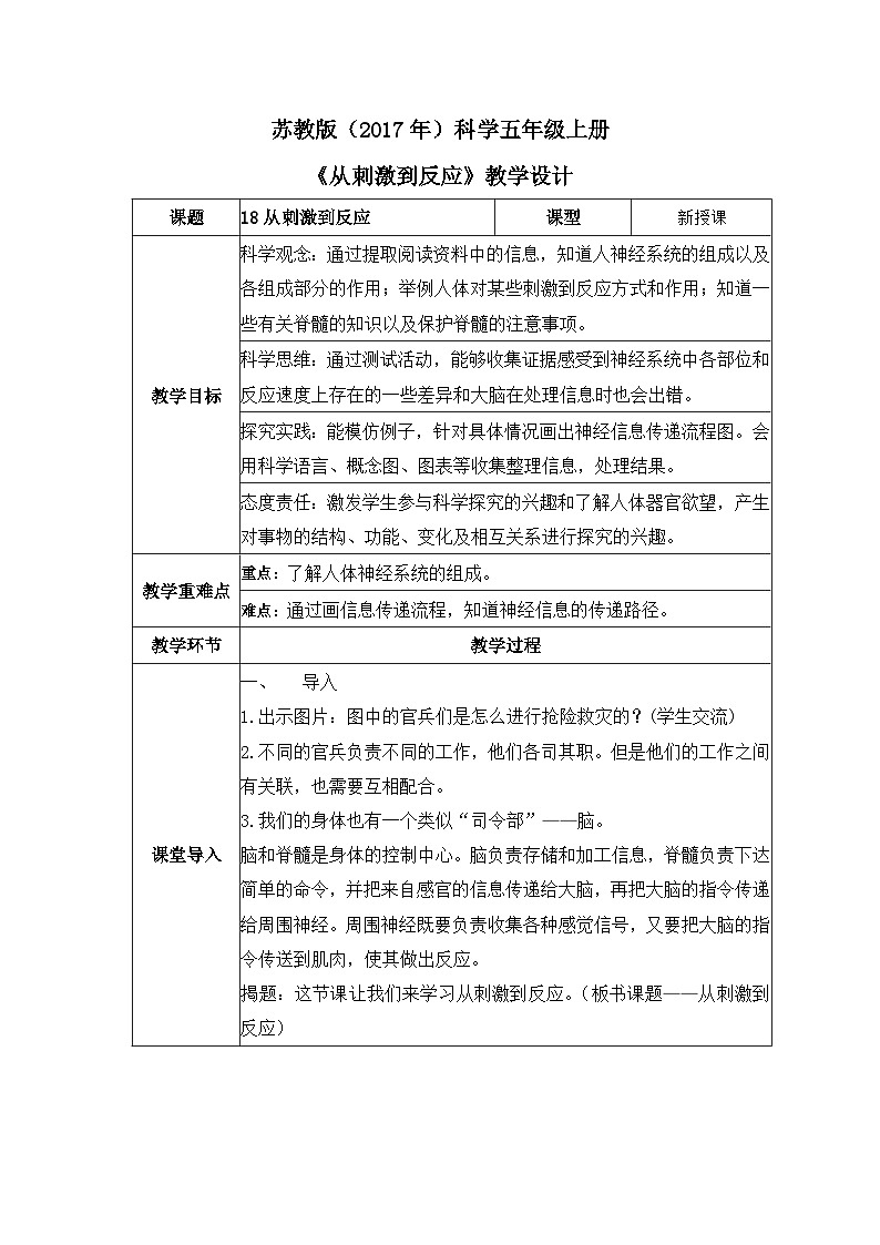 苏教版科学五年级上册18《从刺激到反应》教案+练习01