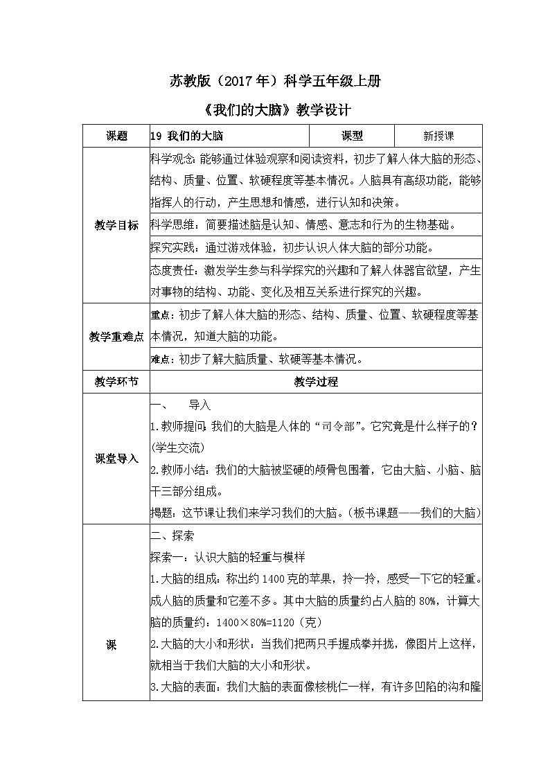 苏教版科学五年级上册19《我们的大脑》课件+教案+练习01