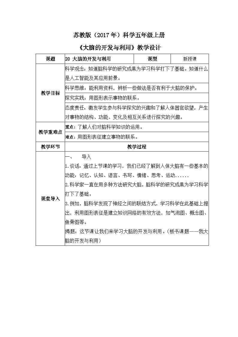 苏教版科学五年级上册20《大脑的开发与利用》教案第1页