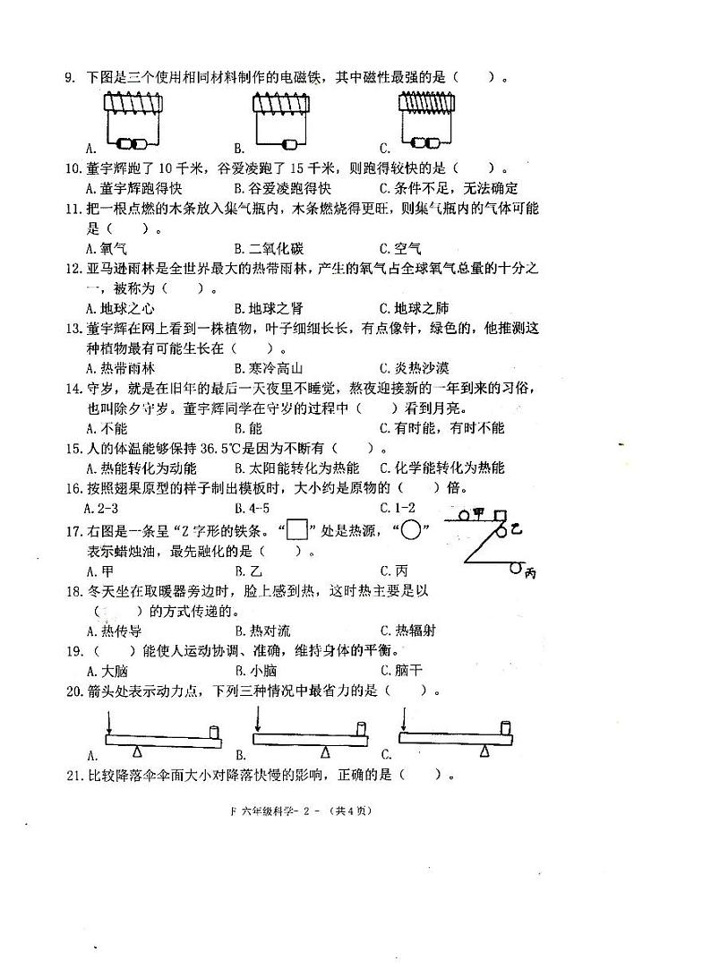 河南省驻马店市汝南县2022-2023学年六年级下学期6月期末科学试题02