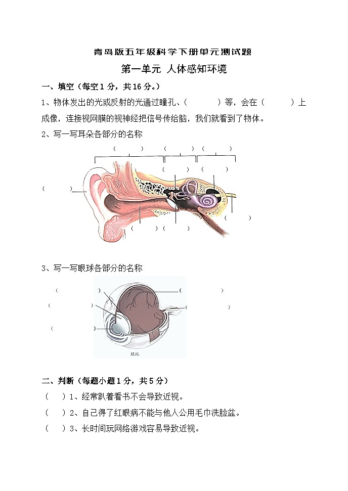 青岛版五四制五年级下学期科学单元测试题(无答案)01