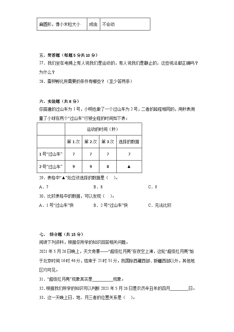 教科版三年级科学下册期末过关卷（二）（附答案）第3页