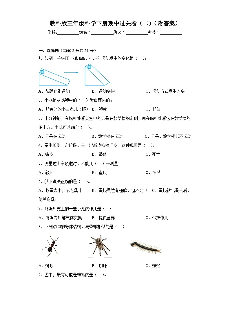 教科版三年级科学下册期中过关卷（二）（附答案）第1页