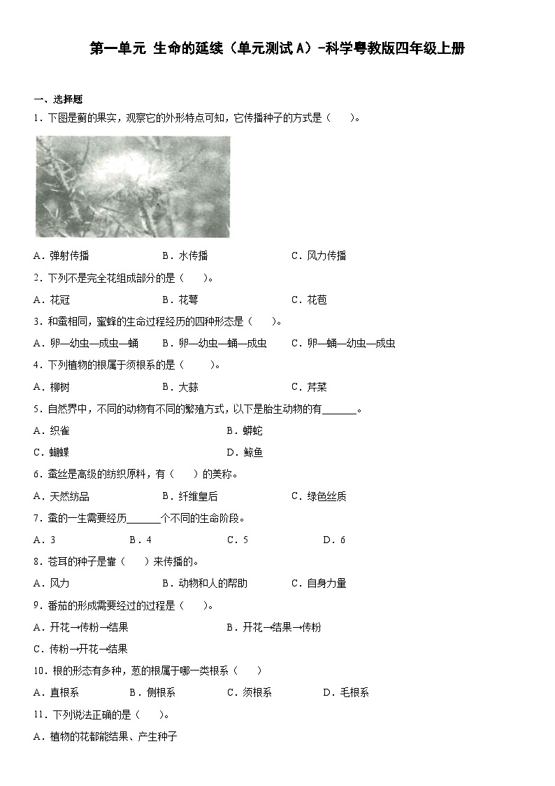 粤教版科学四年级上册 第一单元生命的延续（单元测试A卷+答案）01