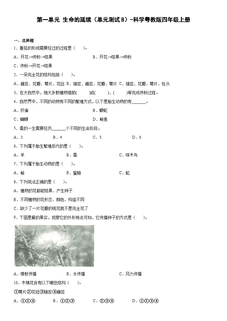 粤教版科学四年级上册 第一单元生命的延续（单元测试B卷+答案）01