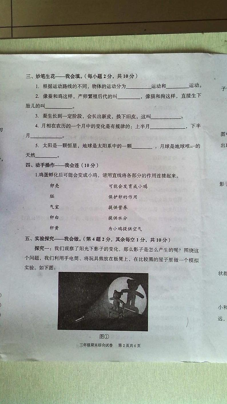 湖北省武汉市江夏区2022-2023学年三年级下学期综合（道德与法治＋科学）期末调研测试02