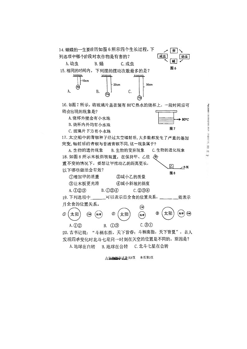 广东省佛山市南海区狮山镇2022-2023学年六年级下学期期末检测科学试卷03