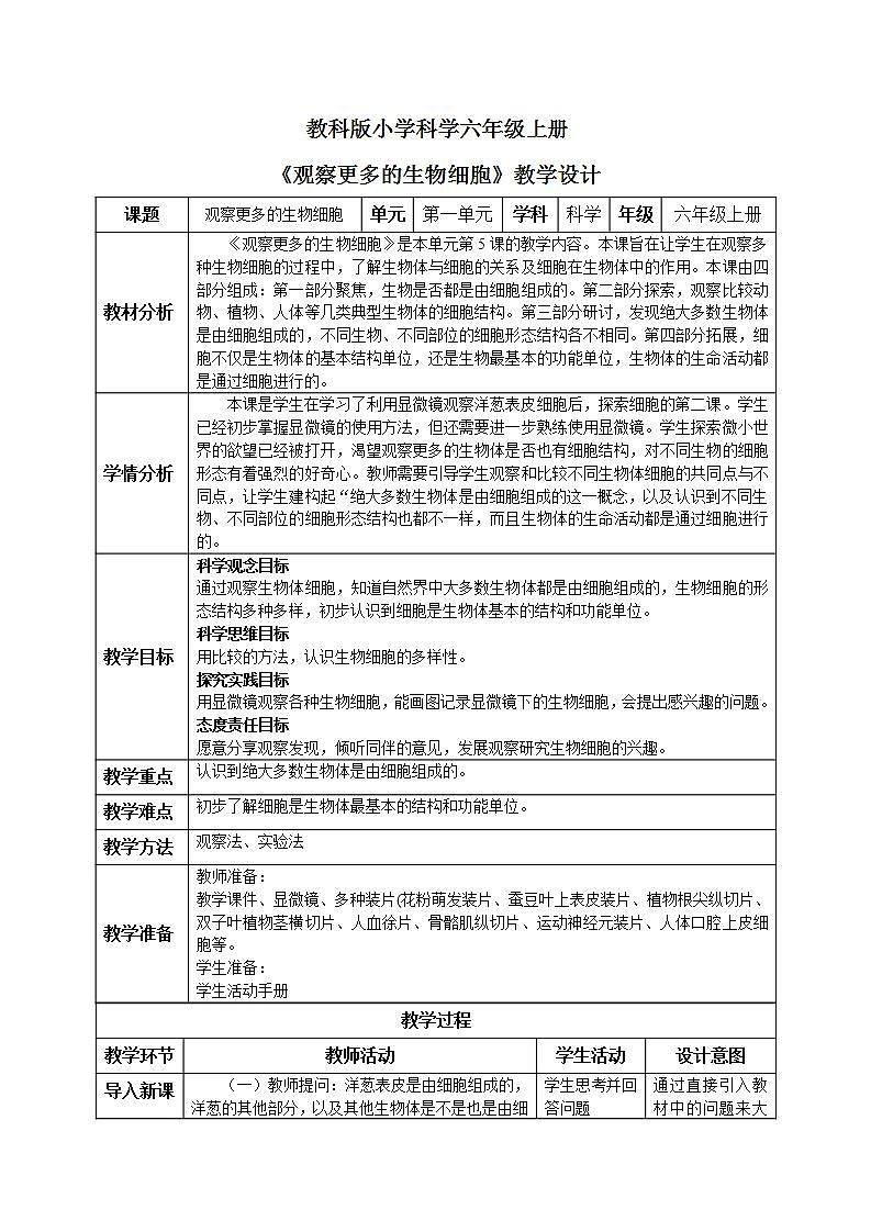 【核心素养目标】教科版小学科学六年级上册1.5《观察更多的生物细胞》课件+教案(含教学反思)01