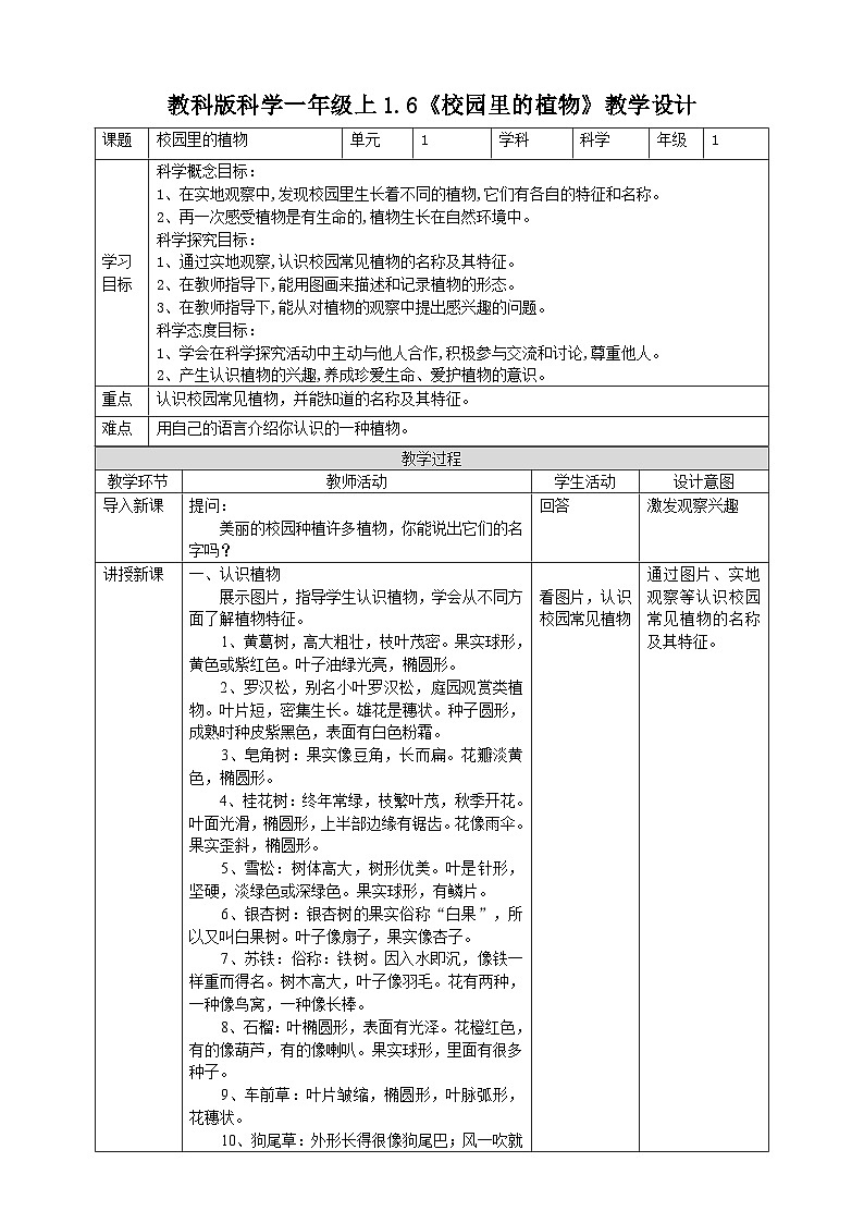 新教科版（2017）科学一年级上册 1.6《校园里的植物》课件+教案+练习+素材01