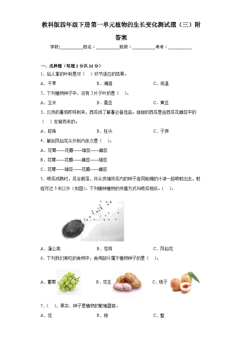教科版四年级下册第一单元植物的生长变化测试题（三）附答案第1页
