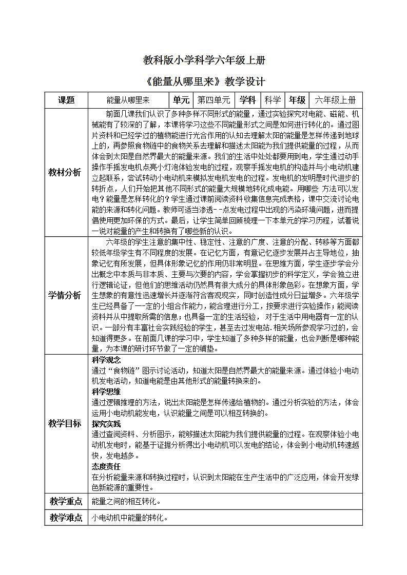 【核心素养目标】教科版小学科学六年级上册4.7《能量从哪里来》课件+教案(含教学反思)01