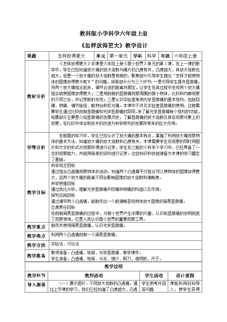 【核心素养目标】教科版小学科学六年级上册 1.2《怎样放得更大》教学设计（含教学反思、习题）01