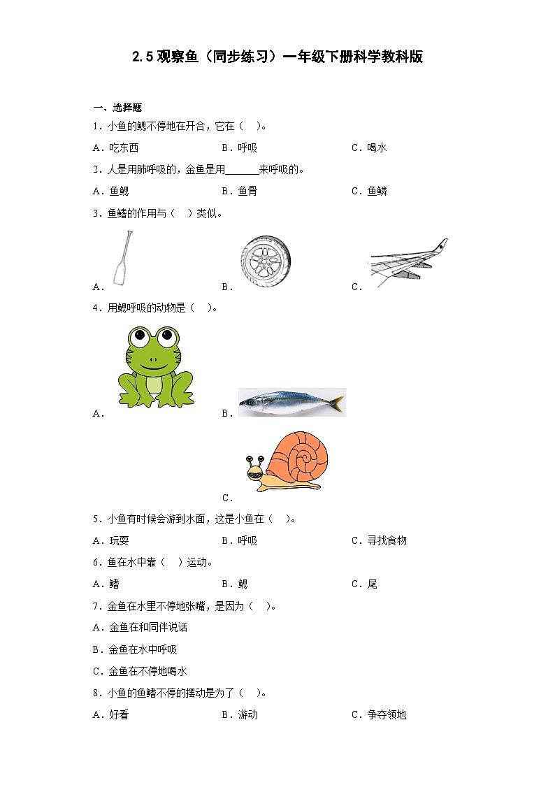 教科版（2017）科学一年级下册：2.5观察鱼同步练习（含答案）01