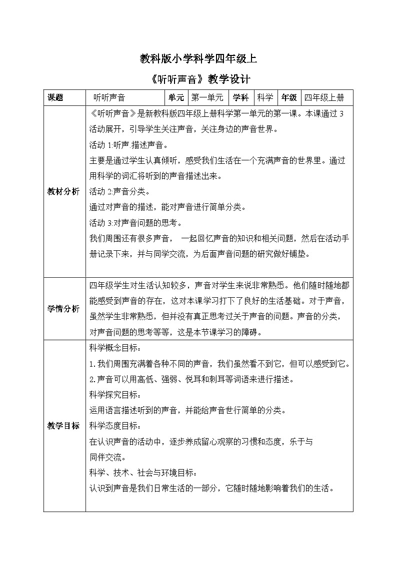 【核心素养目标】教科版版小学科学四年级上册 《听听声音》  教案模板 （表格式）第1页
