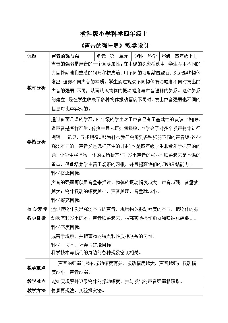 【核心素养目标】教科版版小学科学四年级上册 《声音的强弱》  教案模板 （表格式）第1页