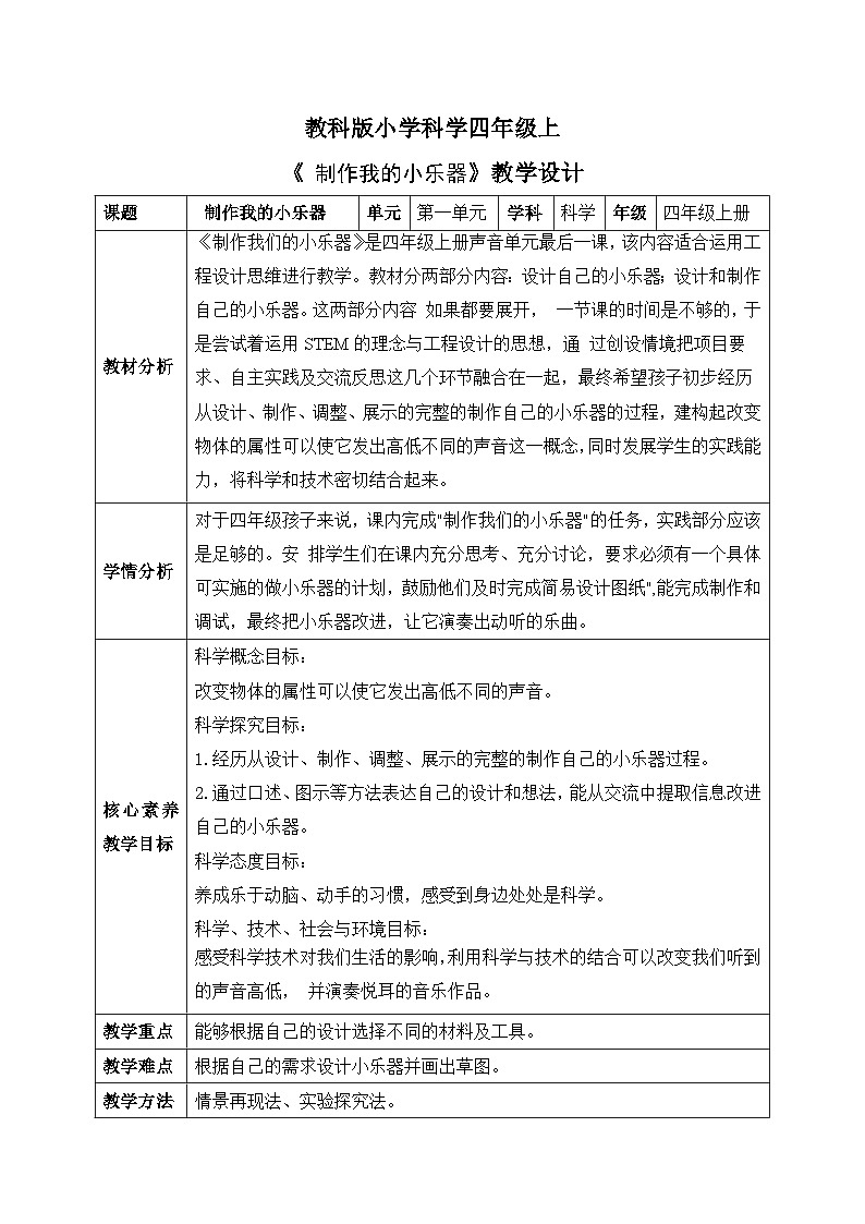 【核心素养目标】教科版版小学科学四年级上册 《制作我的小乐器》  教案模板 （表格式）第1页