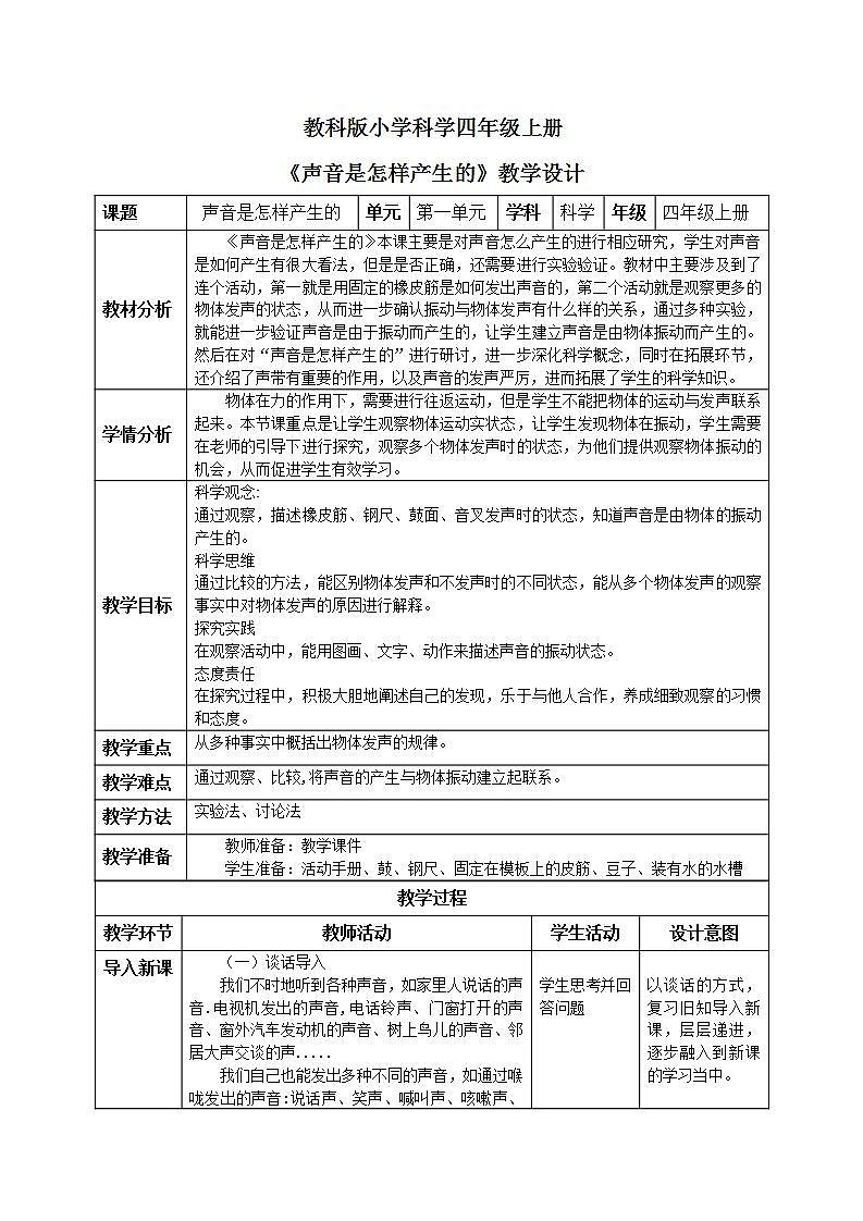 【核心素养目标】教科版小学科学四年级上册 1.2《声音是怎样产生的》教案（含教学反思）第1页