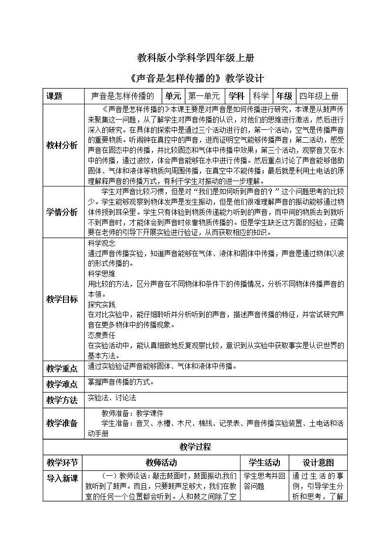 【核心素养目标】教科版小学科学四年级上册1.3《声音是怎样传播的 》  课件+教案(含教学反思)01