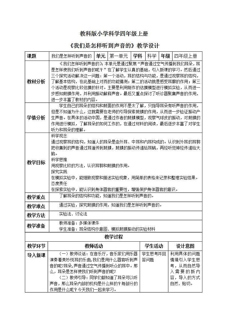 【核心素养目标】教科版小学科学四年级上册1.4《我们是怎样听到声音的 》  课件+教案(含教学反思)01