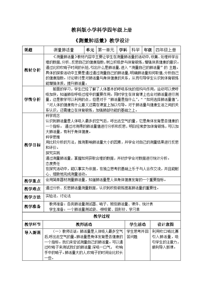 【核心素养目标】教科版小学科学四年级上册 2.3《测量肺活量》教案（含教学反思）第1页