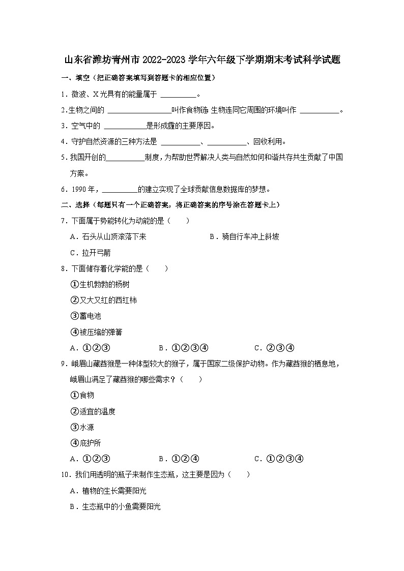 山东省潍坊青州市2022-2023学年六年级下学期期末考试科学试题（word版含答案解析）01