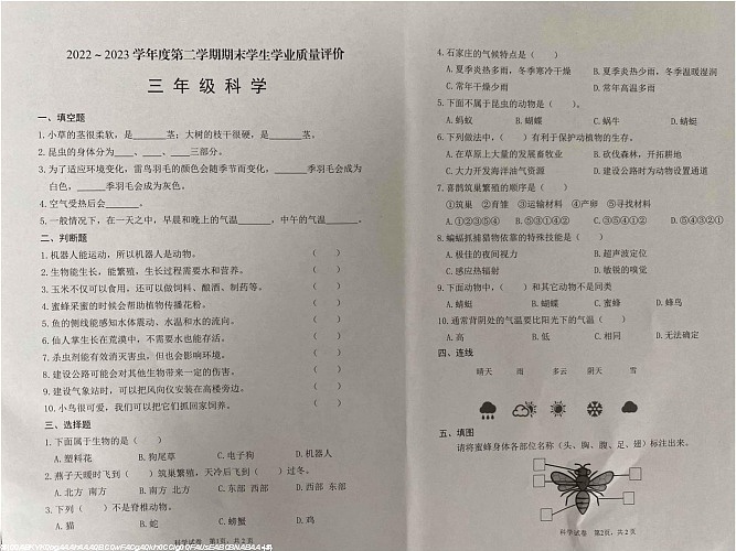 河北省石家庄市栾城区2022-2023学年三年级下学期期末考试科学试题第1页