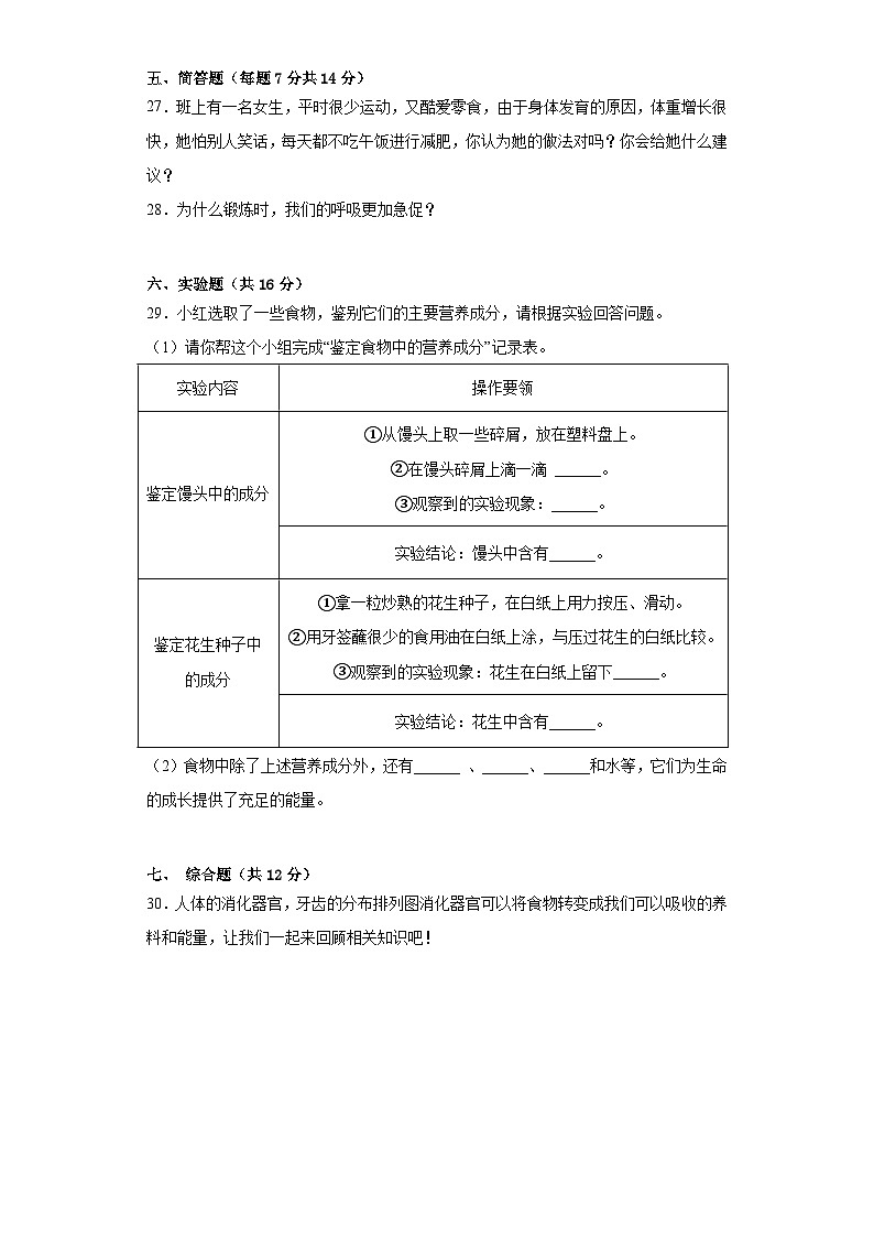 【单元测试】教科版(2017)科学四年级上册--第二单元：呼吸与消化  检测（A）卷（含答案）03