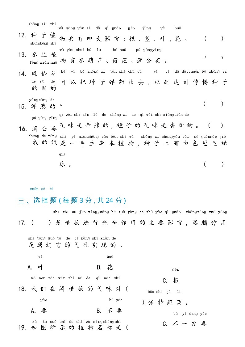 【单元测试】冀人版(2017)科学一年级上册--第2单元 植物 单元测试卷（含答案）第3页
