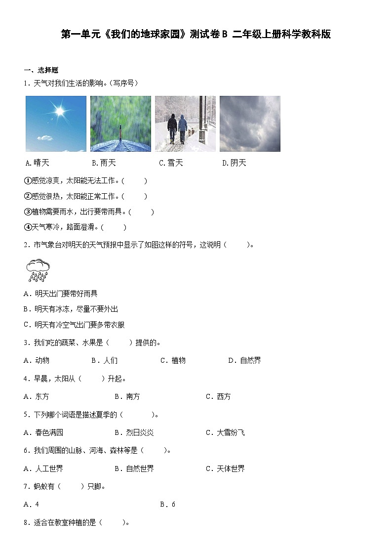 【单元测试】教科版(2017)科学二年级上册--第一单元《我们的地球家园》测试卷B01