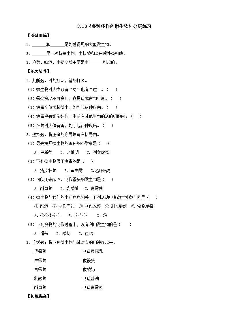 【分层练习】人教鄂教版科学五年级上册--3.10《多种多样的微生物》分层练习（含答案）01
