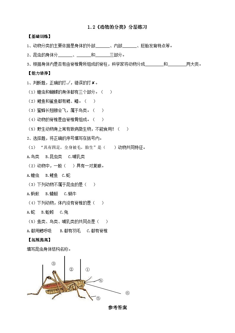 【同步分层练习】人教鄂教版科学四年级上册--1.2《动物的分类》分层练习（含答案）01