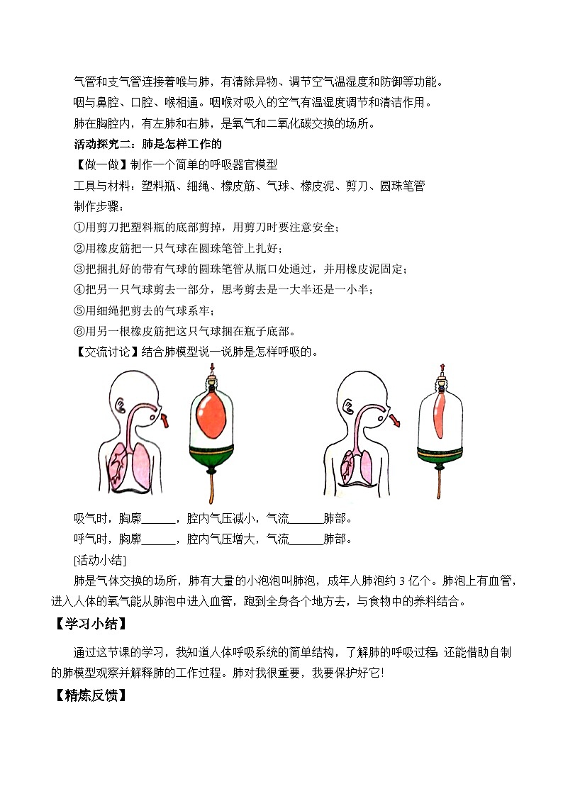 【同步学案】人教鄂教版科学三年级上册--4.13.呼吸器官 学案（含部分答案）02