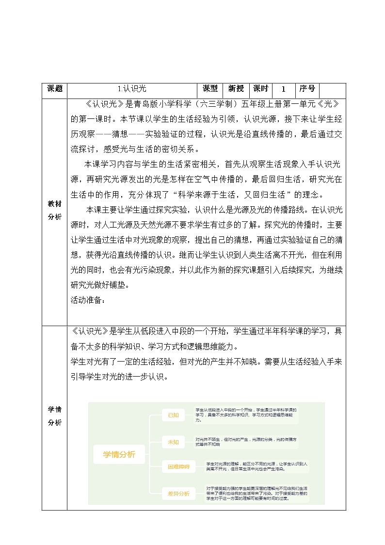 【同步教案】青岛版（六三制）科学五年级上册-1.1《认识光 》教案01