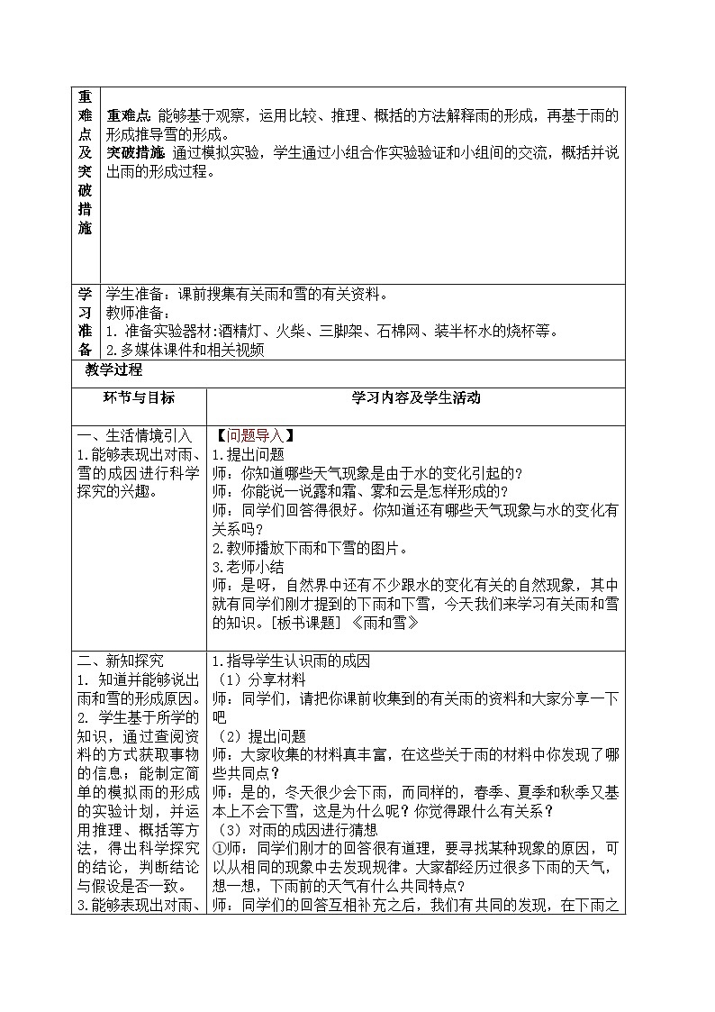 【同步教案】青岛版（六三制）科学五年级上册-7《雨和雪》教案02