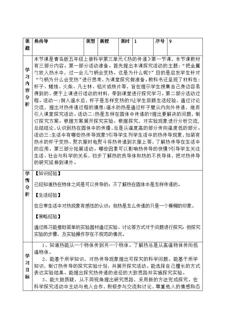 【同步教案】青岛版（六三制）科学五年级上册9《热传导》 教案第1页