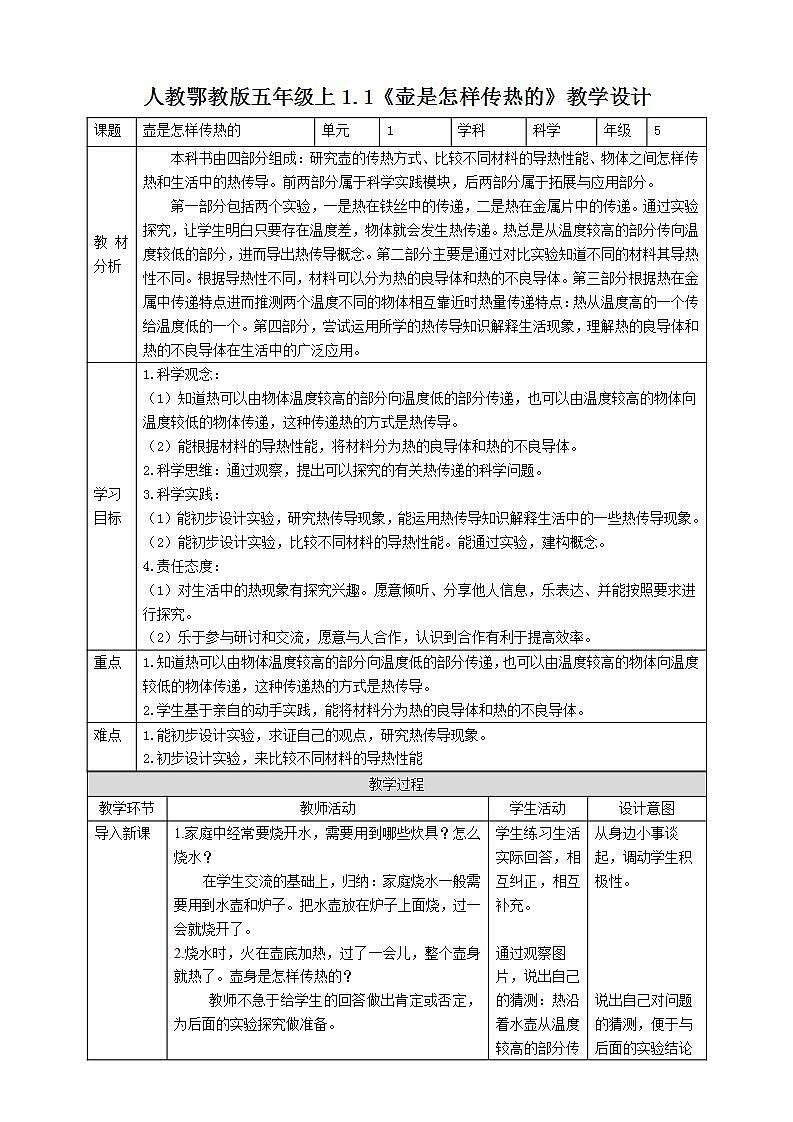 【核心素养】人教鄂教版科学五上 1.1《壶是怎样传热的》教案第1页