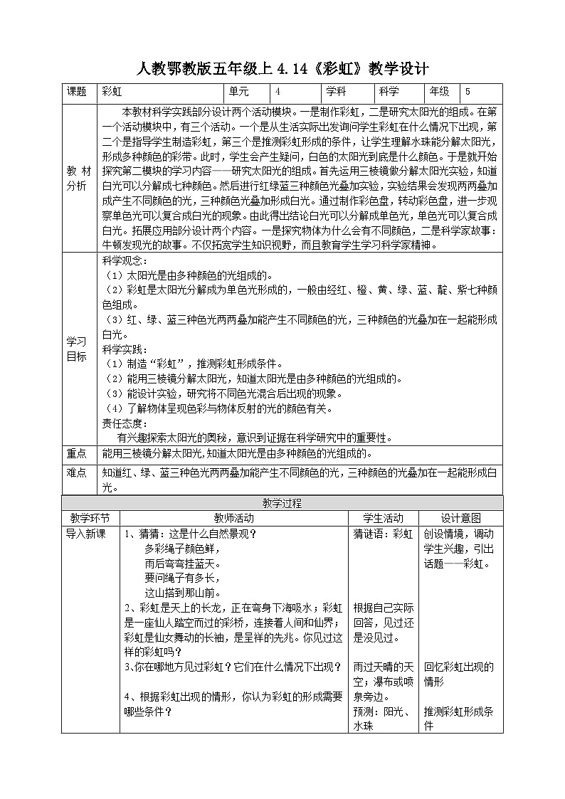 【核心素养】人教鄂教版科学五上 4.14《彩虹》课件+教案+分层练习（含答案）+素材01