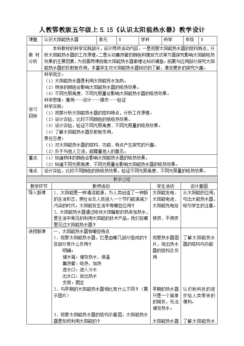 【核心素养】人教鄂教版科学五上 5.15《认识太阳能热水器》课件+教案+分层练习（含答案）01